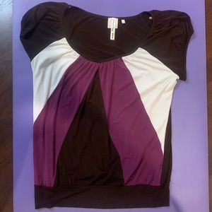 Magenta, brown, and white short sleeve top.